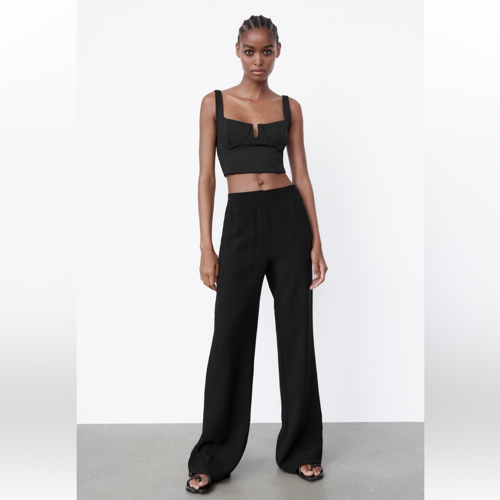 Zara Textured Black Straight Leg Pant Size Small